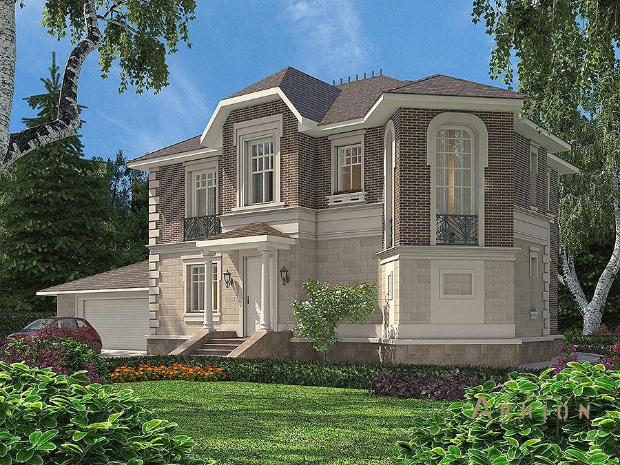 2. Проект двухэтажного дома в канадском стиле с многоскатной кровлей, av-275, площадью - 275 кв c гаражом, эркером